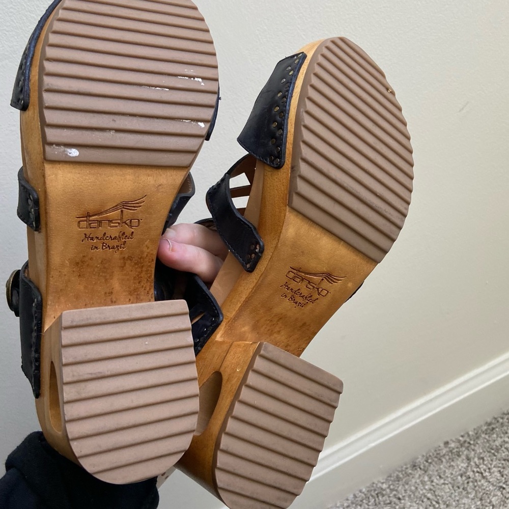 Dansko Black Leather Cutout Studded Wooden Heel Sandals - Picture 4 of 10